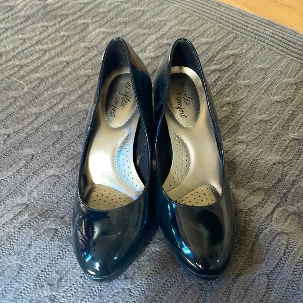 Classic black paten leather almond toe pumps